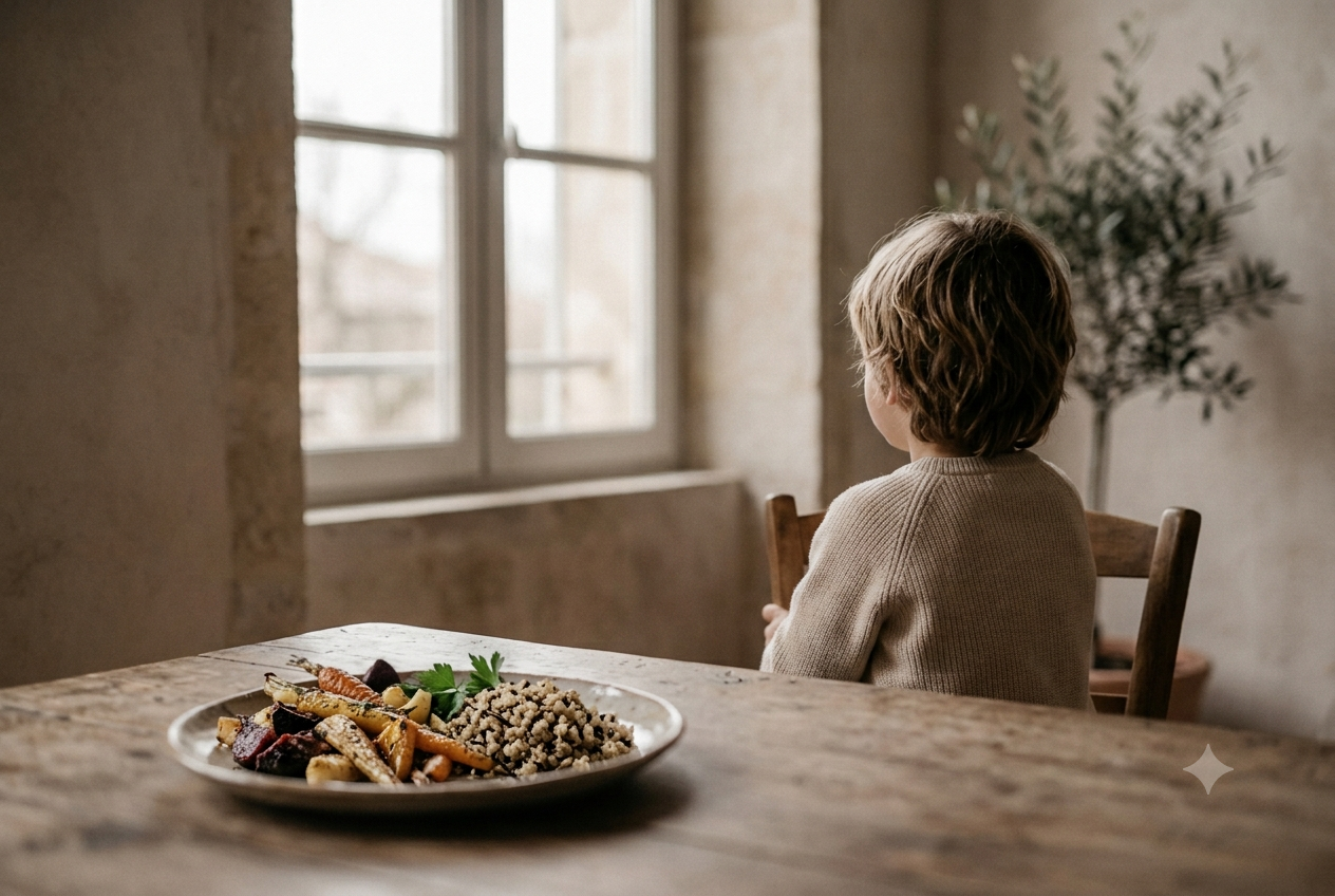 Kind aan tafel met eten — eetproblemen begeleiding