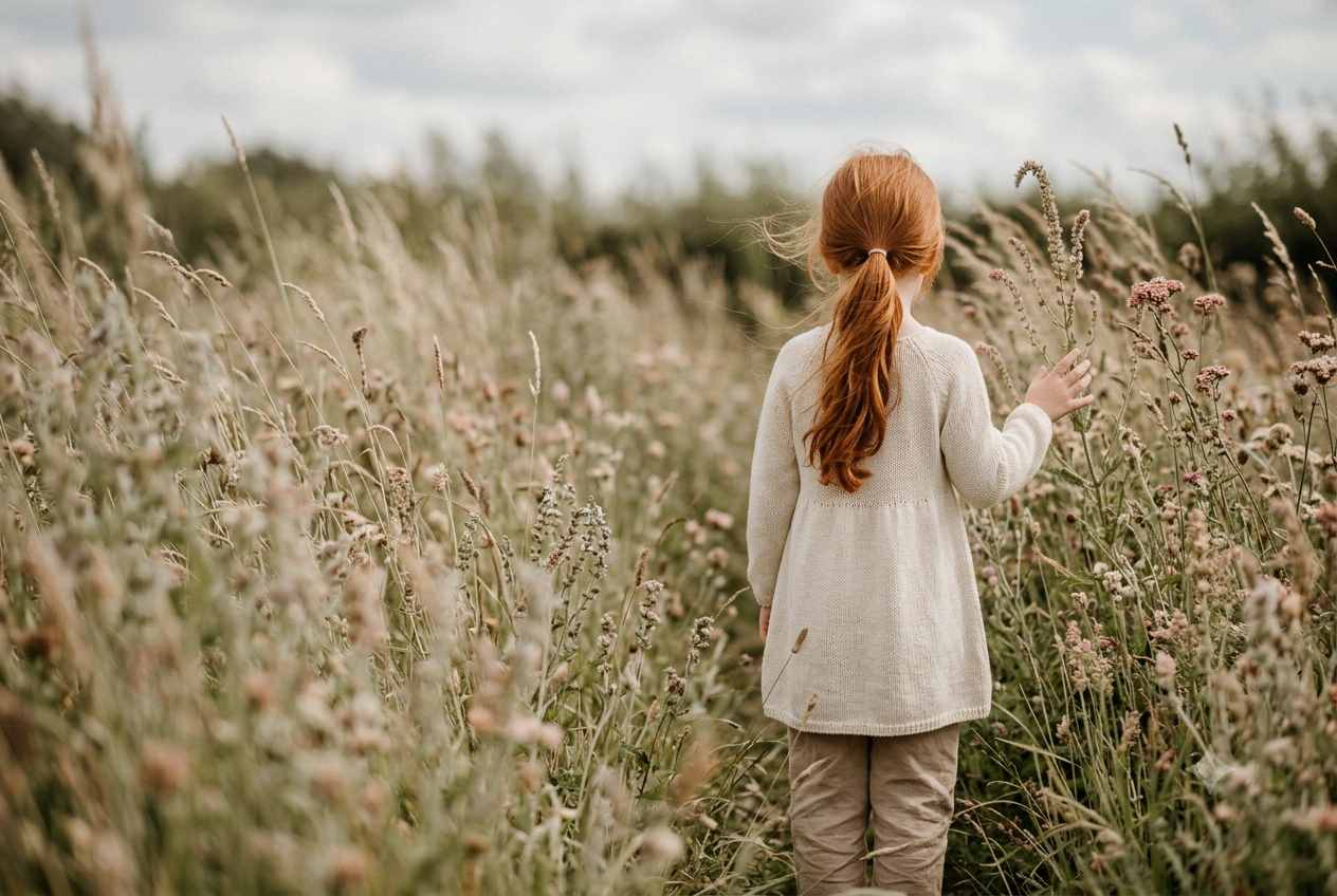 Meisje in veld met wilde bloemen — pittig kind begeleiding