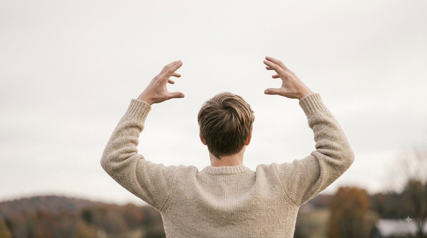 Jongen heft zijn armen in een open landschap, beeld voor de intense emoties van kinderen met uitzonderlijk talent, begeleiding door pedagoog Meta Kierkels